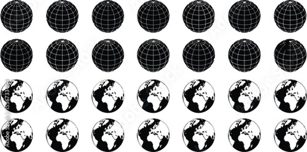 Fototapeta Rows of globes with grid lines and continents on a gradient background