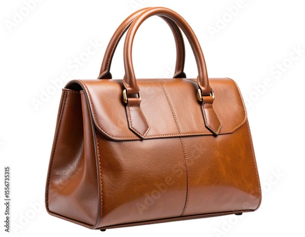 Fototapeta Untitled design - Brown Leather Handbag with Curved Handles in Side Angle View, isolated on a transparent background