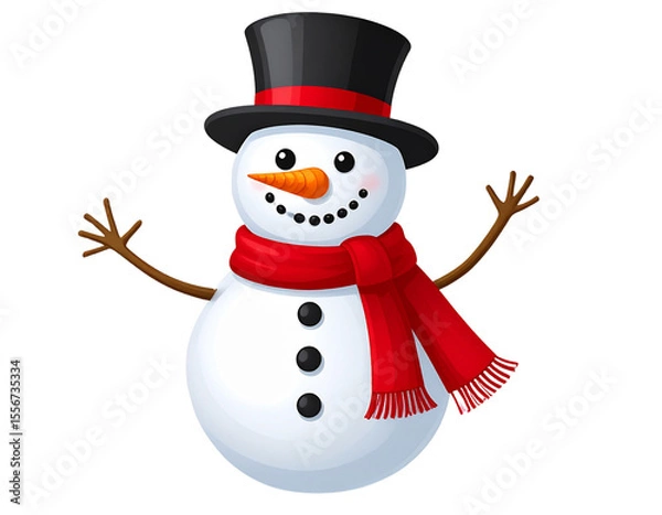 Obraz Untitled design - Cheerful Cartoon Snowman Waving Hand in Red Scarf and Black Hat, isolated on a transparent background