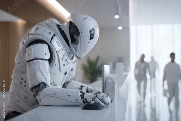 Obraz A humanoid robot working at a customer service desk, humans walking away in background, contrast between machine efficiency and human emotion, cool sterile lighting.