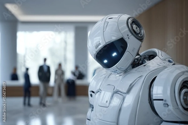 Obraz A humanoid robot working at a customer service desk, humans walking away in background, contrast between machine efficiency and human emotion, cool sterile lighting.