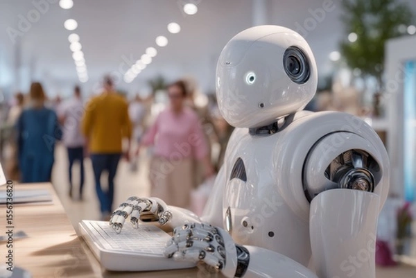 Obraz A humanoid robot working at a customer service desk, humans walking away in background, contrast between machine efficiency and human emotion, cool sterile lighting.