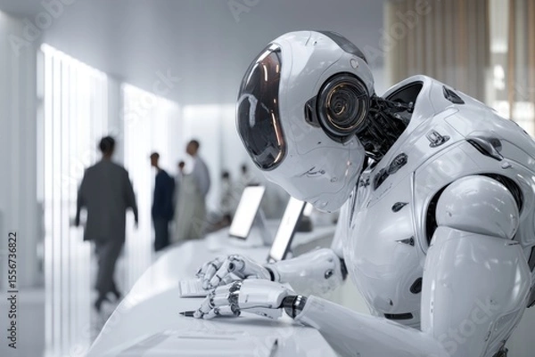 Obraz A humanoid robot working at a customer service desk, humans walking away in background, contrast between machine efficiency and human emotion, cool sterile lighting.