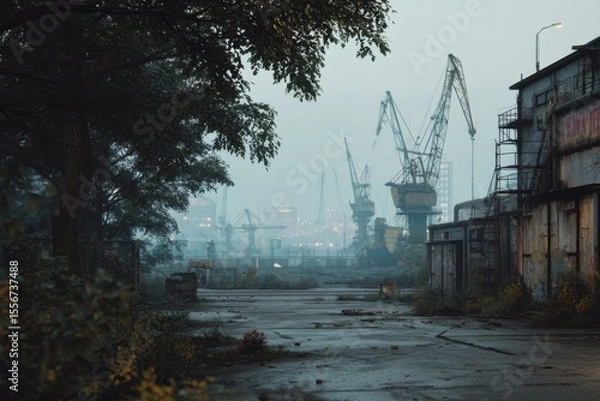 Obraz Abandoned factory area in industrial zone, workers leaving, smoggy skyline with cranes in silence.