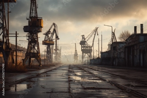 Obraz Abandoned factory area in industrial zone, workers leaving, smoggy skyline with cranes in silence.