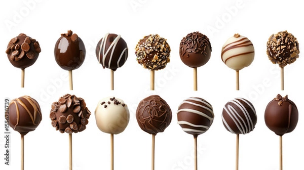 Obraz Assorted Gourmet Chocolate Cake Pops on Sticks in Various Decorated Styles for Delicious Treats