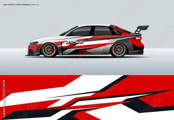 Fototapeta race car on red livery vector. abstract stripe racing background kit for vehicle vinyl wrap and automotive decal livery