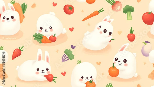 Obraz Adorable seamless pattern featuring cute white bunnies, seals and colorful vegetables, perfect for children's products