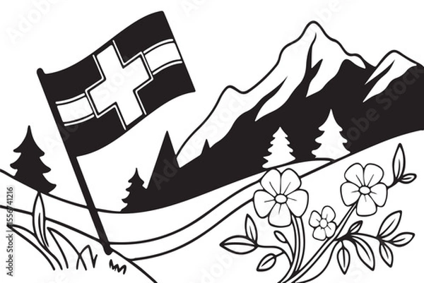 Obraz black and white  swiss flag mountains and flowers in a landscape setting design.
