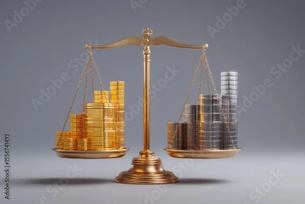 Obraz Balanced scale with oil barrel on one side and rising stock index on the other, symbolizing market recovery vs commodity drop.