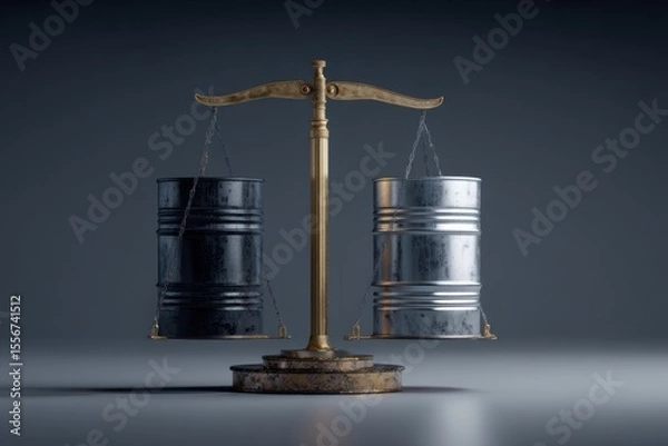 Obraz Balanced scale with oil barrel on one side and rising stock index on the other, symbolizing market recovery vs commodity drop.