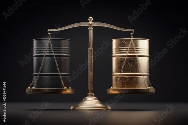 Obraz Balanced scale with oil barrel on one side and rising stock index on the other, symbolizing market recovery vs commodity drop.