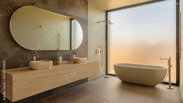 Fototapeta Elegant minimalist bathroom with gold accents, soft taupe flooring, frosted light window, and a travertine vanity setup