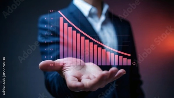 Obraz Visualizing negative business trends with holographic red data bars dropping above corporate hand in dark tech space