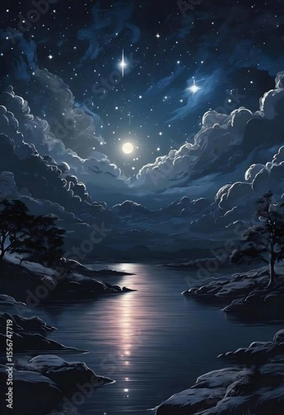 Fototapeta Serene Night Moonlit Lake, Starry Sky, and Tranquil Landscape