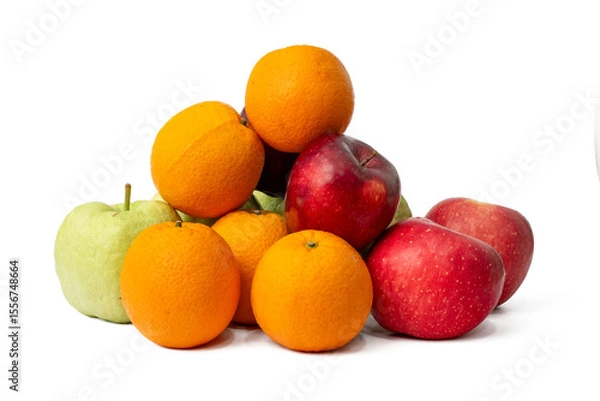 Fototapeta The High-resolution of guava, red apple and orange fruit photos with a 45MP camera