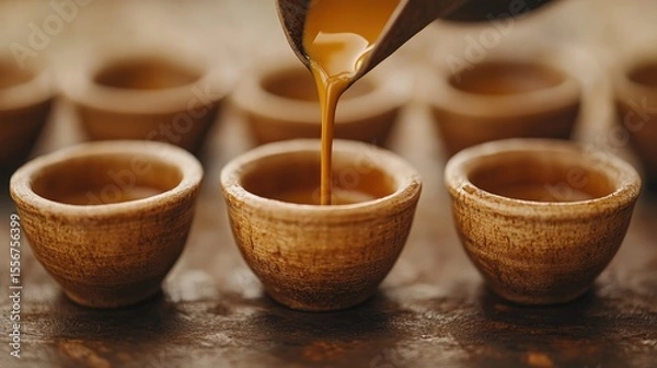 Fototapeta A warm beverage is being poured into rustic ceramic cups arranged in a row on a wooden surface.