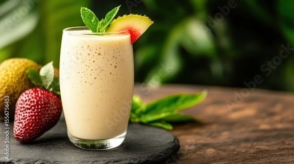 Fototapeta A creamy smoothie garnished with mint and fruit sits on a slate with fresh strawberries and tropical fruits beside it.
