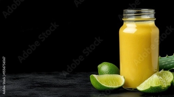 Fototapeta A jar of yellow juice with fresh lime wedges and an aloe leaf on a dark background.