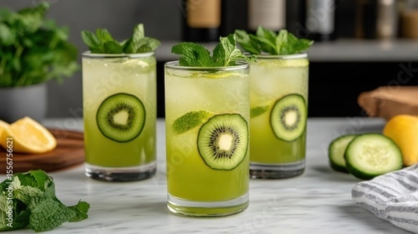Fototapeta Refreshing green drinks with kiwi, mint, and ice served in clear glasses, surrounded by fresh ingredients on a kitchen counter.