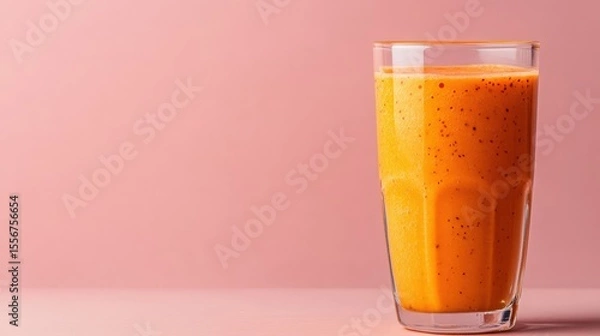 Fototapeta A glass of vibrant orange smoothie sits on a pink surface with a matching pink background.
