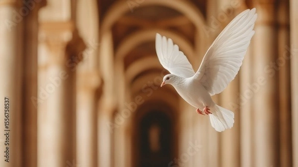 Fototapeta A white dove in flight with blurred architectural arches in the background.