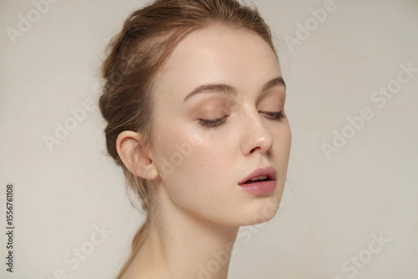 Fototapeta A soft, minimalist beauty portrait against a plain off-white background. The subject has fair skin, closed eyes with natural-looking nude eyeshadow, and a gentle pink lip color.