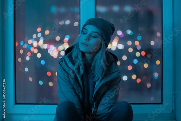 Fototapeta A moody nighttime photograph of a young woman sitting by a window, illuminated by a blue-tinted light. 