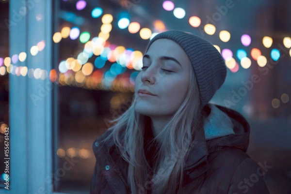Fototapeta A moody nighttime portrait photograph of a young woman with closed eyes and a serene expression. She is wearing a dark gray knit beanie and a black winter jacket.