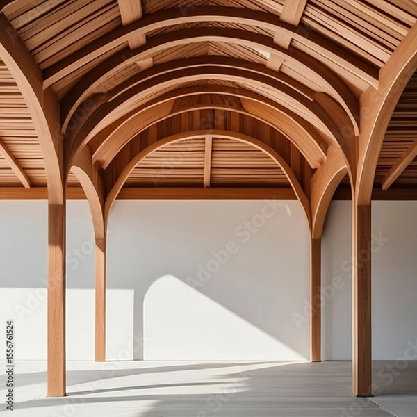 Fototapeta Elegant wooden vaulted ceiling with detailed beams in modern architectural space
