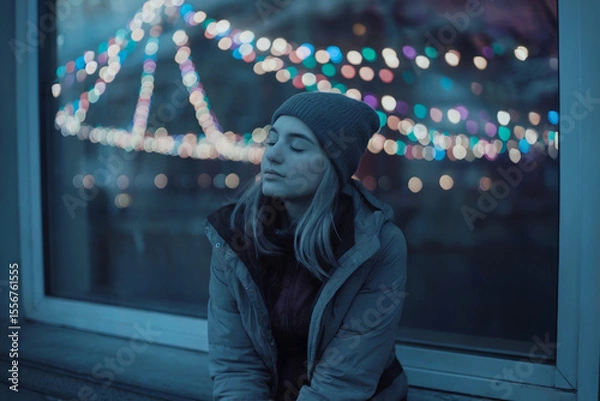 Fototapeta A moody nighttime photograph of a young woman sitting by a window, wearing a dark gray beanie and a puffy winter jacket.