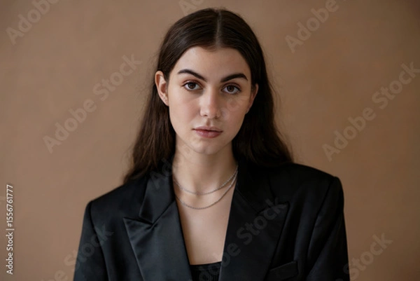 Fototapeta A professional headshot portrait against a plain beige background. The subject has long dark brown hair parted in the middle, wearing a black blazer over a black top.