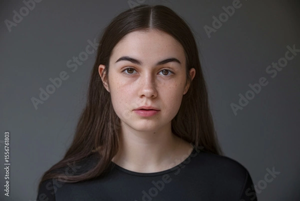 Fototapeta A professional studio portrait against a dark gray background. The subject has long straight dark brown hair parted in the middle, wearing a simple black crew neck top. 