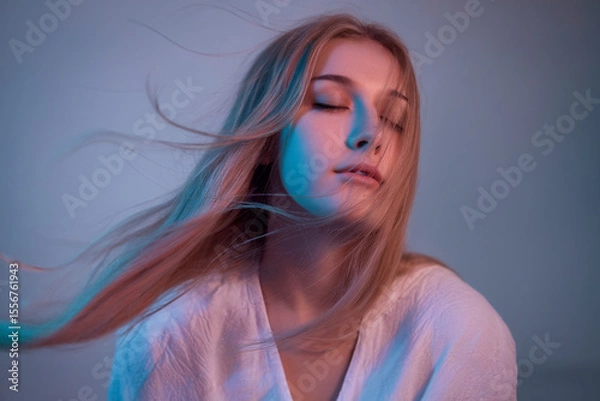 Fototapeta A moody portrait photograph with blue and pink lighting. A young woman has long blonde hair flowing dramatically to the left side of the frame, caught in motion.