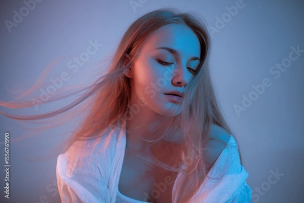 Fototapeta A moody portrait photograph with blue and pink lighting. A young woman with long blonde hair flowing to the left side of the frame, captured with motion blur.