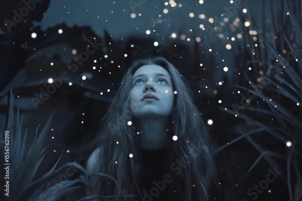 Fototapeta A moody nighttime portrait photograph with a mystical atmosphere. A young woman with long dark hair and a black top is looking upward at glowing orbs of light floating in the dark sky. 