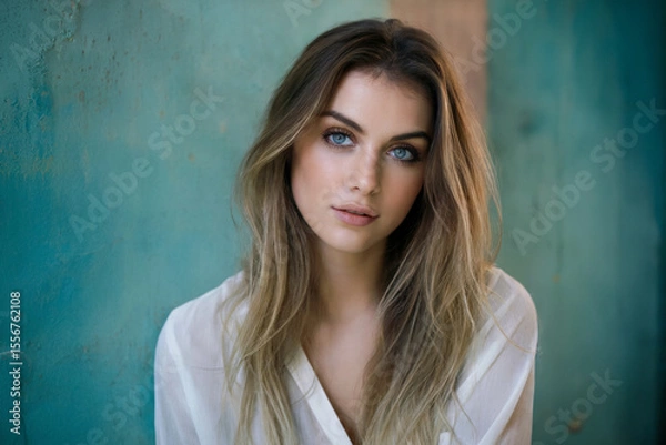 Fototapeta A professional portrait photograph against a turquoise-blue textured wall. The subject has long, flowing ombre hair transitioning from dark brown to light blonde, styled with subtle waves.