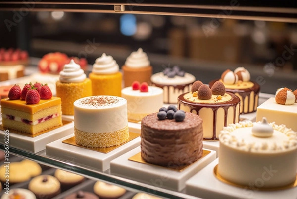 Fototapeta display case filled with lots of different types of cakes