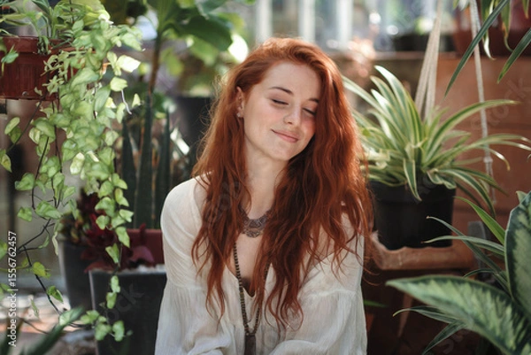 Fototapeta A soft-focused portrait photograph of a young woman with vibrant red wavy hair in a natural indoor setting with plants. She is wearing a flowing white blouse and has a gentle smile.