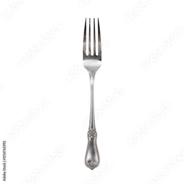 Fototapeta Silver fork with four prongs and decorative handle on white background  