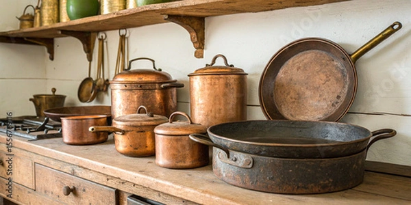 Fototapeta Vintage kitchen set with copper pots, cast iron pans, and retro-styled measuring cups on a rustic shelf