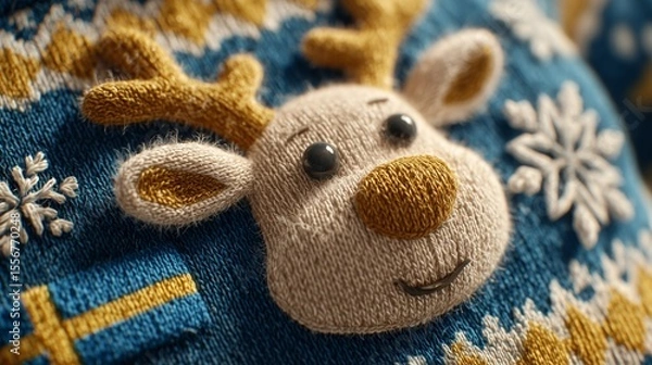 Fototapeta Christmas sweater with Swedish flag reindeer, fuzzy texture, floating snowflakes