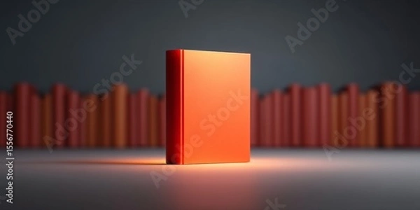 Fototapeta A single red book stands upright on a reflective surface, with a blurred background of similarly colored books arranged in rows.
