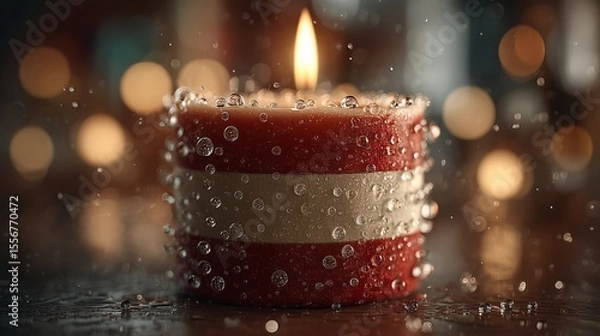 Fototapeta Eid candle with UAE flag stripes, floating wax droplets, warm bokeh