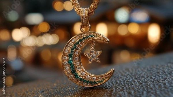 Fototapeta Eid moon necklace with Pakistani flag crescent, gemstone sparkle, soft bokeh lights