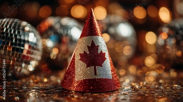 Fototapeta New Year's party hat with Canadian flag print, disco ball reflections, dynamic blur