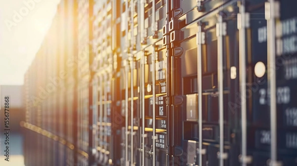 Fototapeta Sunlit cargo containers stacked at an international shipping port with large cranes in the background. This image reflects global trade logistics, import-export dynamics, and the economic implications