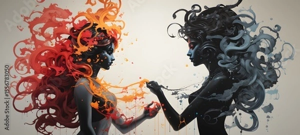 Fototapeta pop surreal unreal silhouettes spiral towards Zeus vs medusa,ai generatif