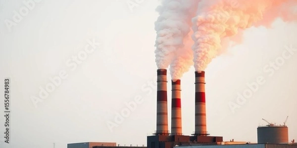 Obraz Industrial smokestacks emitting pollution against a white background, design, environmental pollution