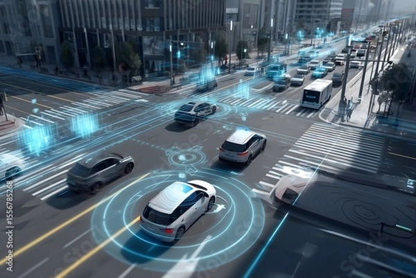 Fototapeta Integrated control system simulation and autonomous driving in smart city intersection